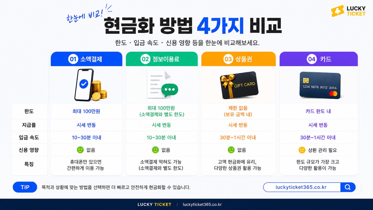 소액결제 현금화·정보이용료·상품권·카드 현금화 4가지 방법 한도와 입금 속도, 신용 영향 비교표
