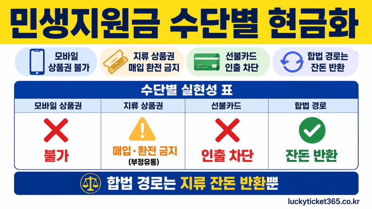 민생지원금 수단별 현금화 실현성 표 — 모바일 상품권 불가, 지류 상품권 매입 환전 금지, 선불카드 인출 차단, 합법 경로는 잔돈 반환