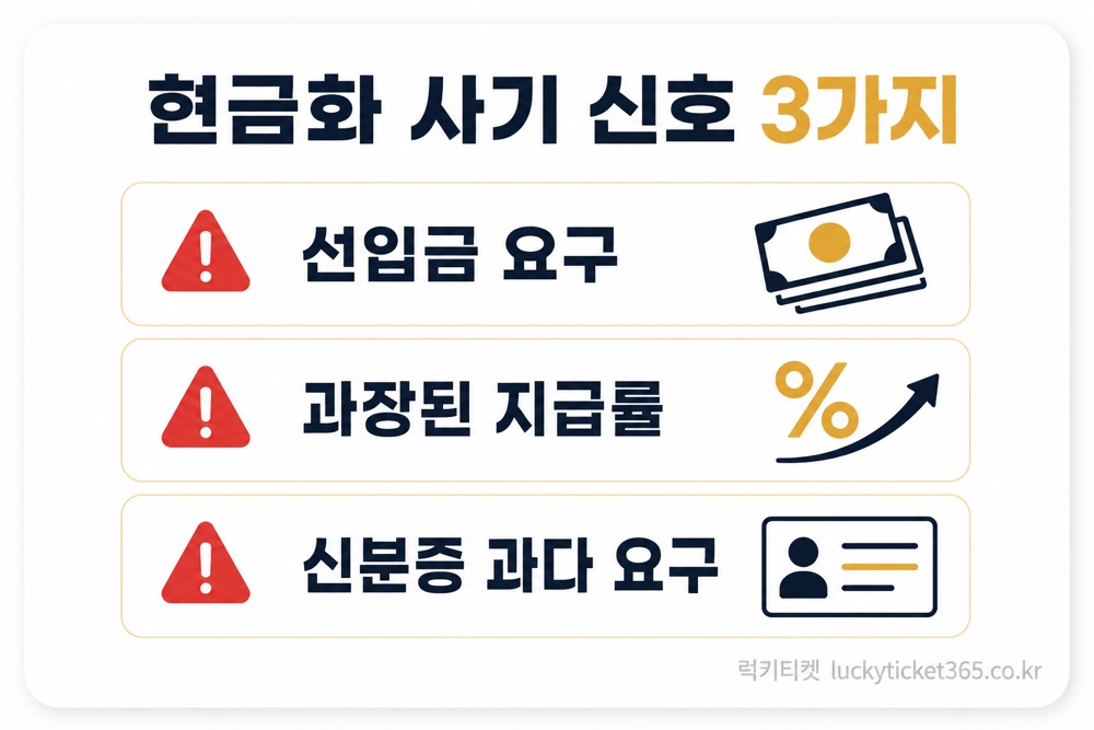 소액결제 현금화 사기 신호 3가지 — 선입금 요구, 과장된 지급률, 신분증 과다 요구